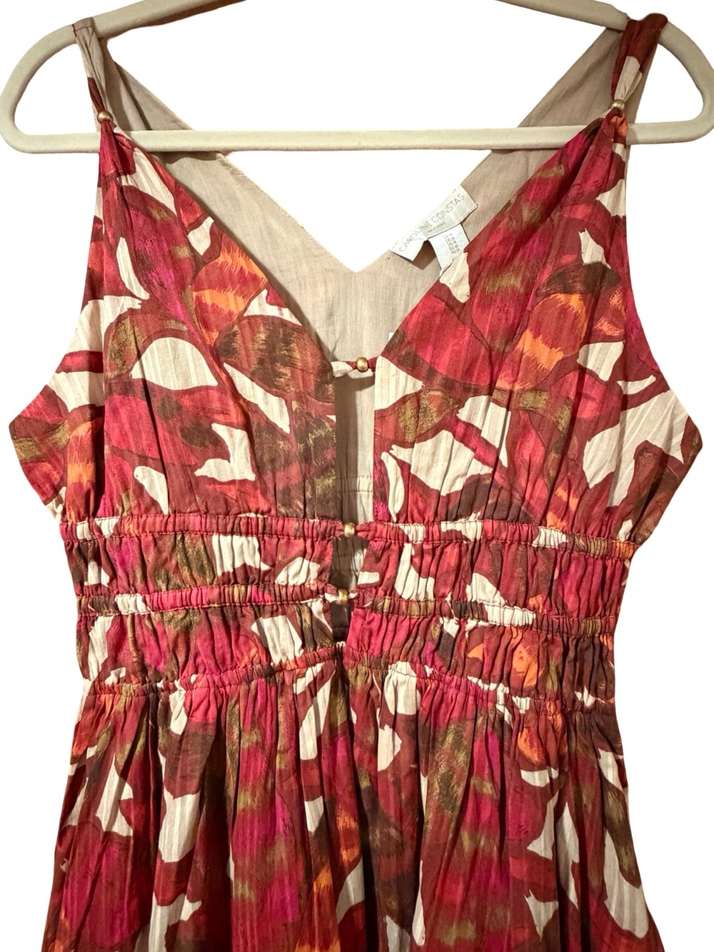 Caroline Constas Floral Botanical Beaded Smocked Maxi Dress Burgundy Cream NWT - Picture 5 of 7